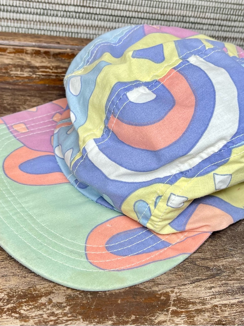 Vintage 80s 90s Abstract Print Painter Cap Pastel Snap Brim Hat Retro Festival - Picture 3 of 13